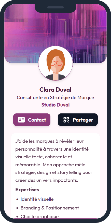 Clara Duval - Consultante en stratégie de marque - Exemple fictif de vCard