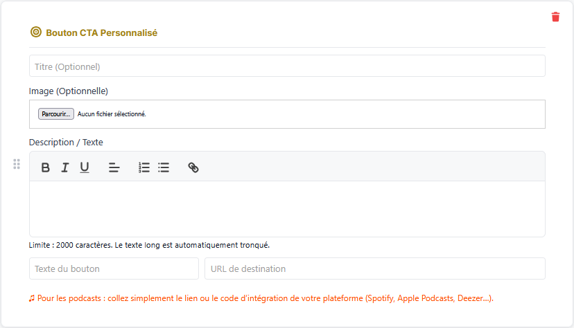 Bloc bouton CTA personnalisé - dans la section Contenu mise en avant