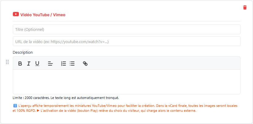 Bloc vidéo YouTube et Vimeo - dans la section Contenu mise en avant