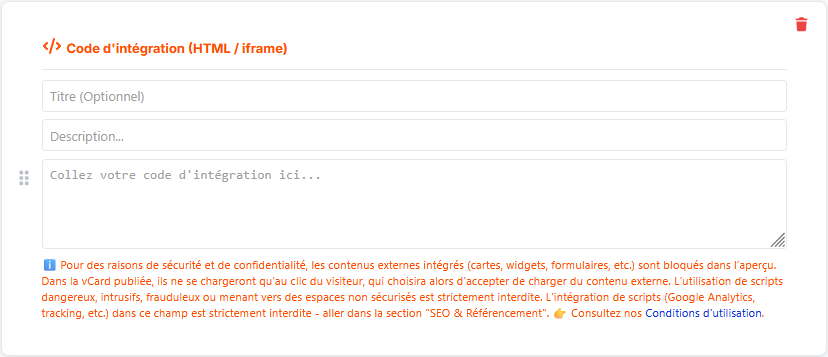 Bloc code d'intégration HTML et iFrame - dans la section Contenu mise en avant
